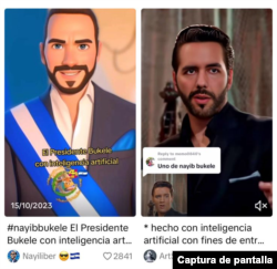 Captura de pantalla de videos en TikTok realizados con IA del presidente con licencia Nayib Bukele.